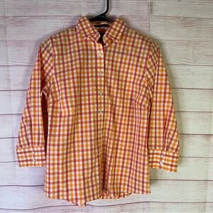 Lands End No Iron Orange Gingham Button Front Blouse Size 2‎